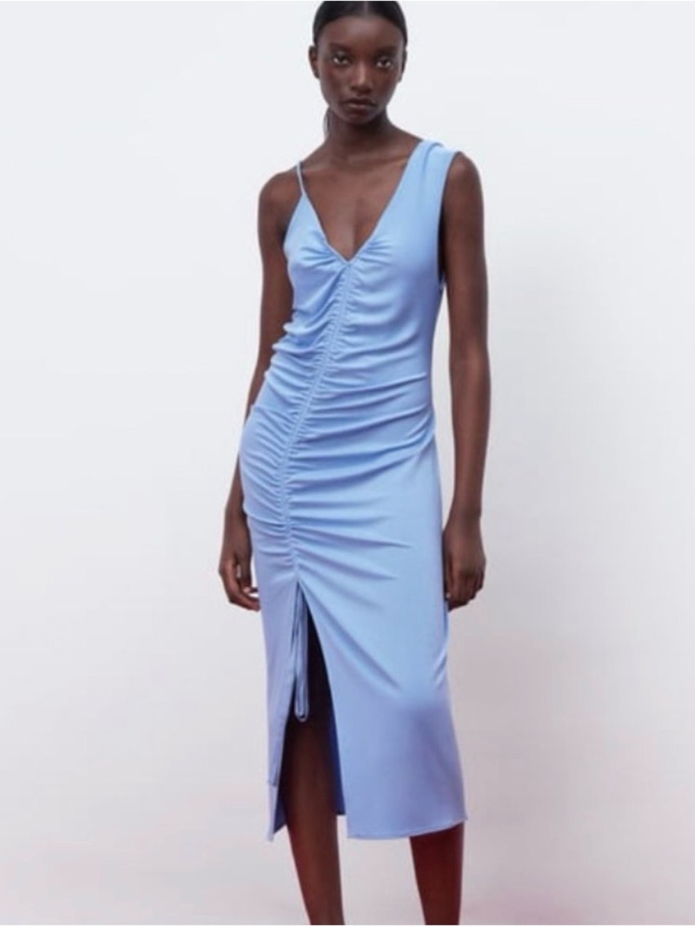Zara light blue midi dress with ruched detailing
